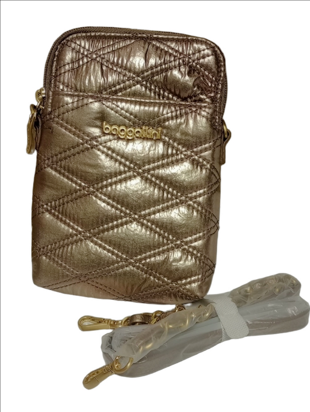 🆕 BAGGALINI ROSE GOLD METALLIC PUFFER QUILTED PHONE WALLET CROSSBODY TRAVEL BAG